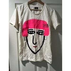 YARN Women Shirt Short Sleeve Cotton Print Cream Size Medium
